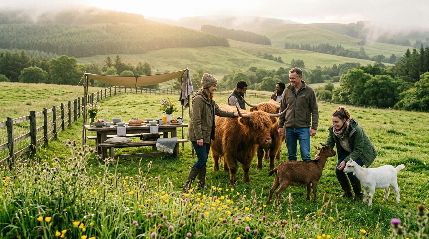 Guests interacting with Highland cattle and goats during a Farm Wellness Experience